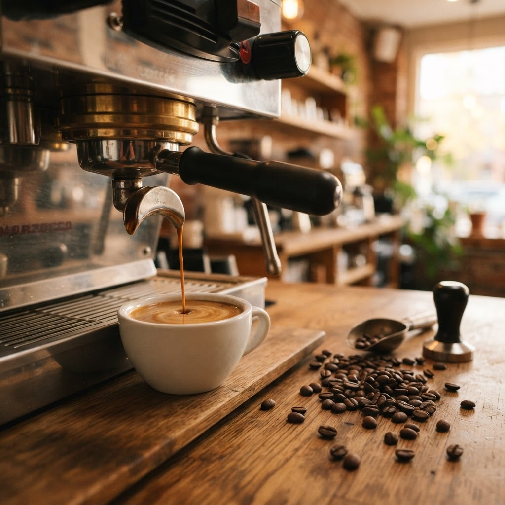 An espresso machine pouring coffee with rich crema into a cup