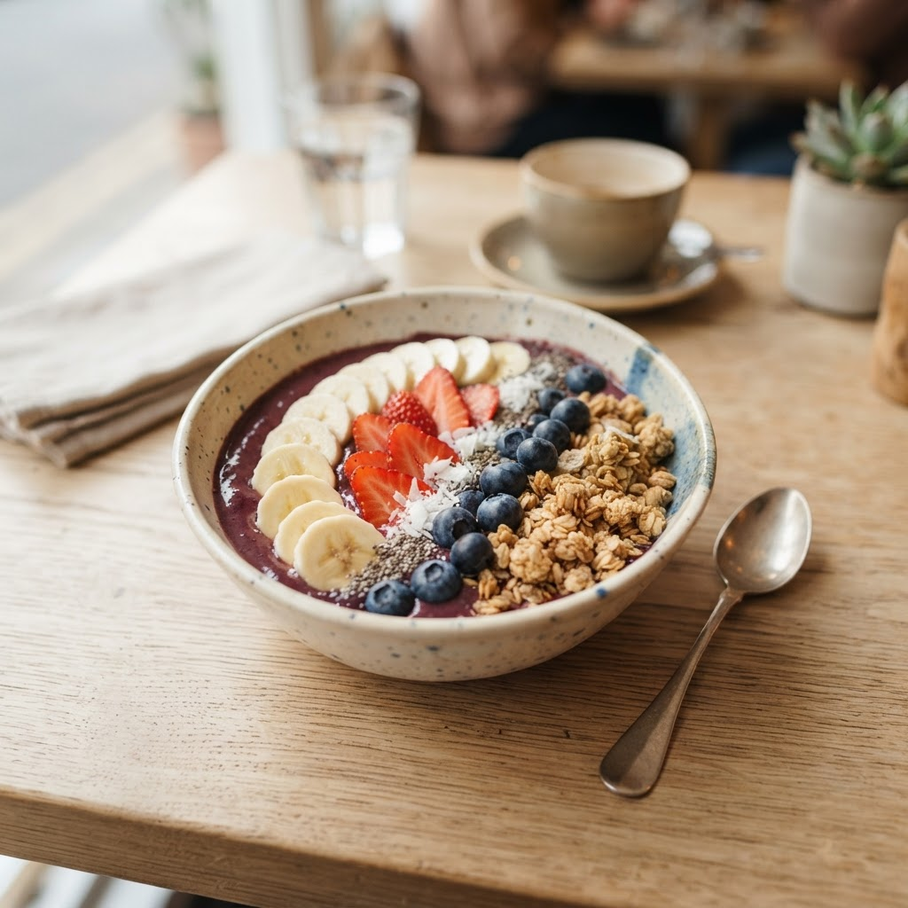 A colourful acai bowl topped with banana, granola and berries