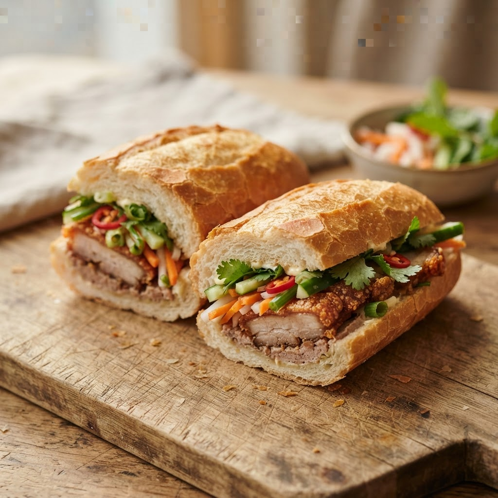A crispy pork banh mi sandwich with pickled vegetables and herbs